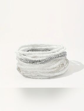 20 Pcs Set Trendy White And Silver Glass Beaded Bracelets NIP.